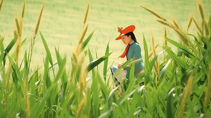 坐在绿油油的麦穗麦田上的小女孩背景,高清,摄影图,摄影图片,图片大全,摄影图免费下载